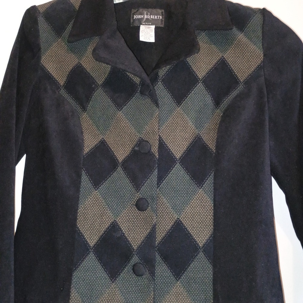 JOHN ROBERTS Petite 8P Vintage Argyle‎ Blazer Jacket Black Green Shoulder Pads - Picture 3 of 13